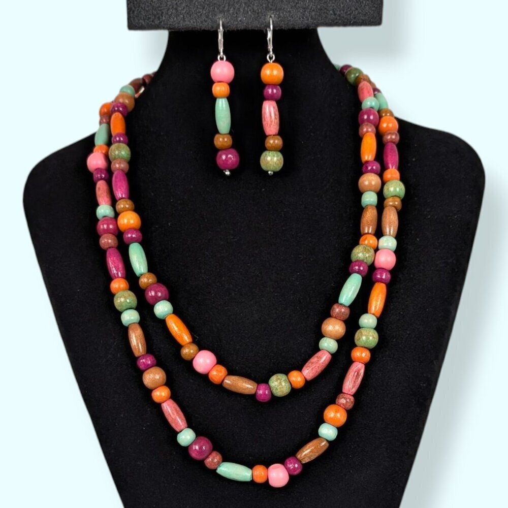 V. Colourful Wood Beaded Demi Parure